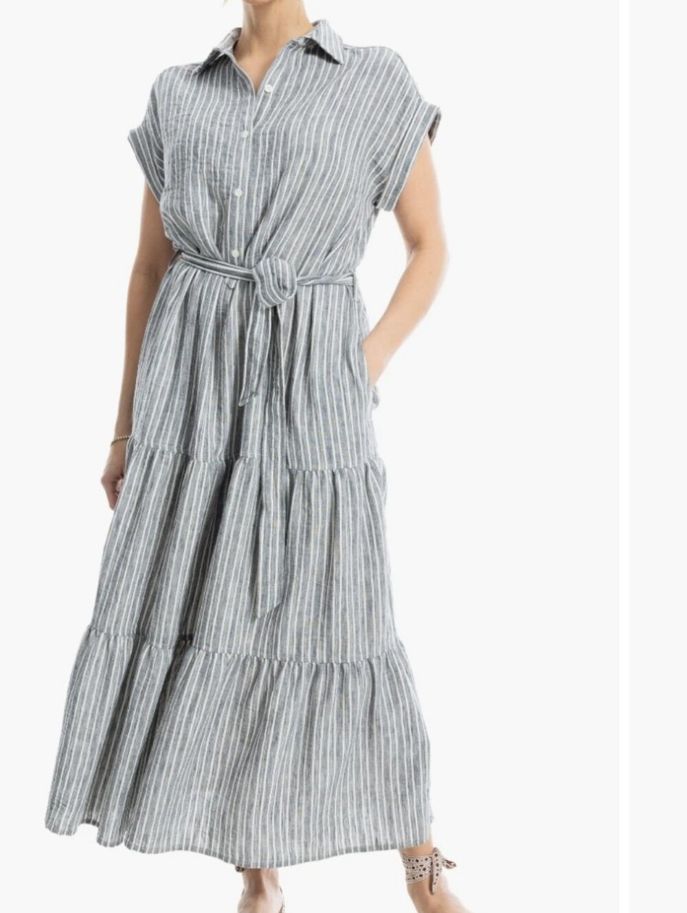 Max Studio Cap Sleeve Striped Maxi Dress Pockets Medium